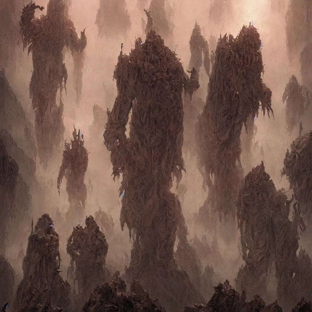 Prompt: sentient ghostbusters bizarre demi - gods expelling demons by greg rutkowski, zdzislaw beksinski,