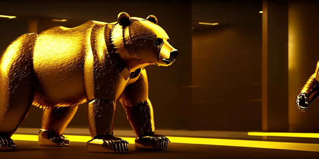 Image similar to film still of a mechanical bear made of gold in a marvel movie, science fiction industrial hard science concept art, 8K render octane high definition cgsociety, photorealistic, unreal engine 5