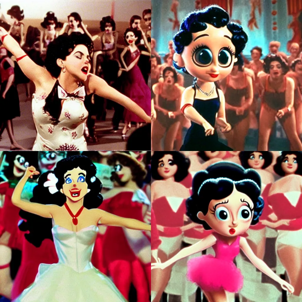 Prompt: scene from a biopic directed by spielberg with betty boop interpreted by jennifer connelly dancing in front of a large crowd