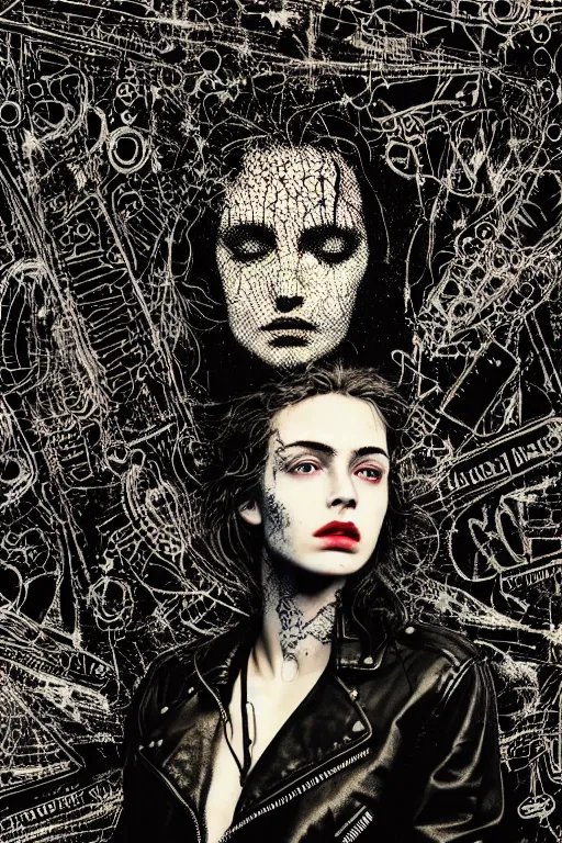 Image similar to dreamy rock girl, black leather jacket, detailed acrylic, grunge, intricate complexity, by dan mumford and by alberto giacometti, peter lindbergh, 8 k, macro photography