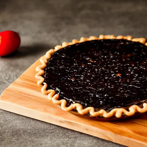 Prompt: bokeh photograph of a black bean pie steaming on a wooden cutting board