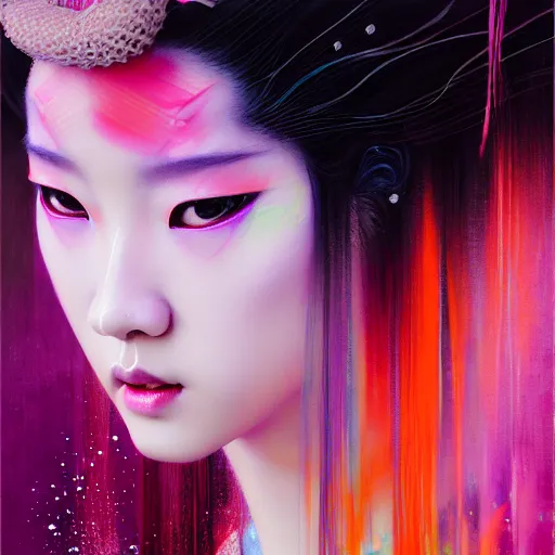 Prompt: blackpink, hyperrealistic portrait of a geisha wearing a colorful kimono, bladerunner street, by karol bak and agnes cecile, fantasy art, photo realistic, dynamic lighting, artstation, poster, volumetric lighting, very detailed face, intricate complexity, rule of thirds, 8 k, award winning