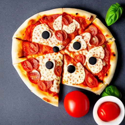 Image similar to a pizza with eyes and fingers and tomatoes cheese on it, top view