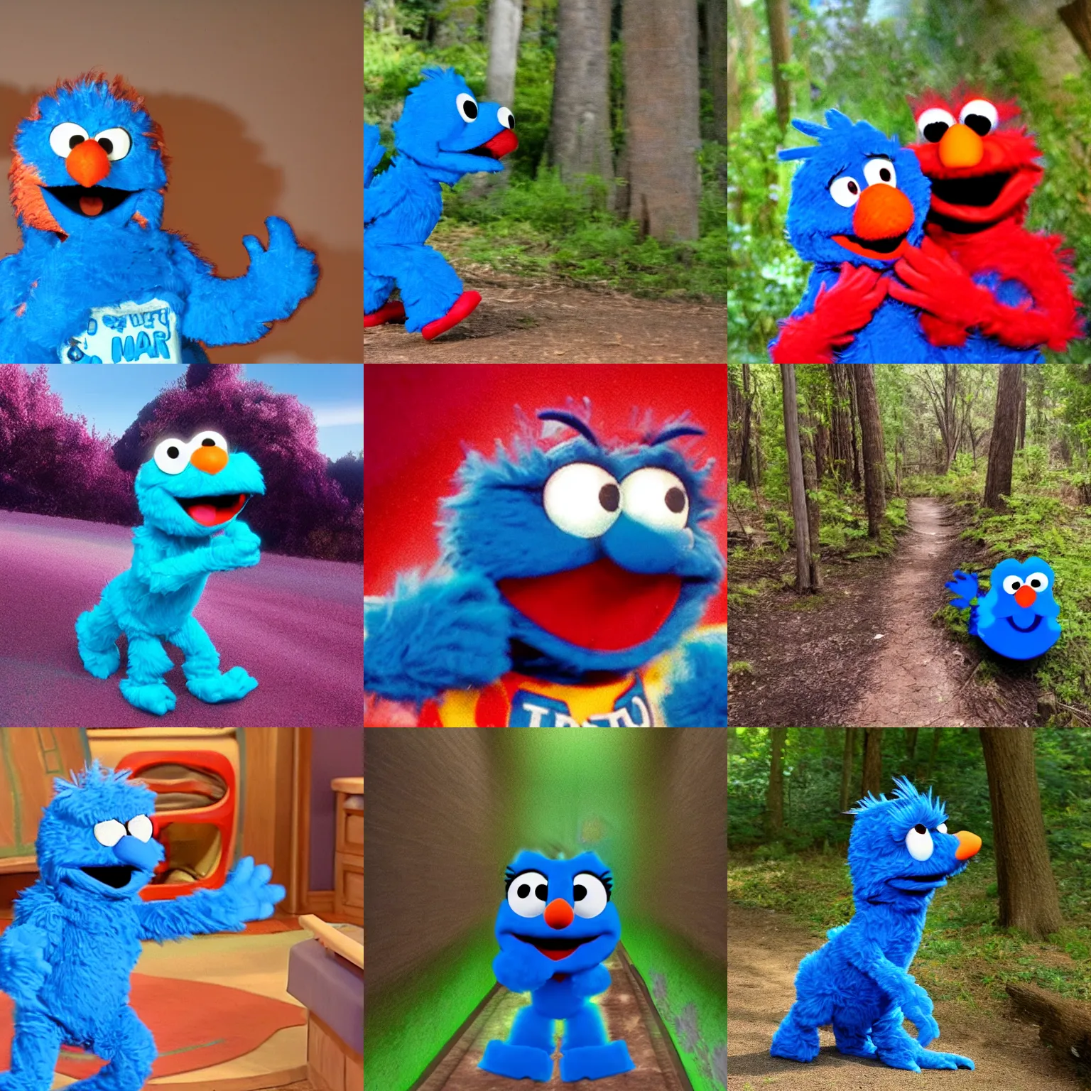 Prompt: trail can footage of a blue colored Elmo