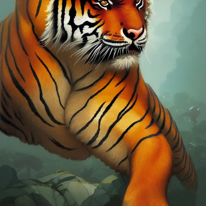 Prompt: excellent painted portrait of tiger, high quality masterpiece painted isometric view, patterned, 4k, trending on artstation, octane render, art by James Jean and artgerm and greg rutkowski and alphonse mucha and craig mullins and James Jean and Andrei Riabovitchev and Marc Simonetti and peter mohrbacher