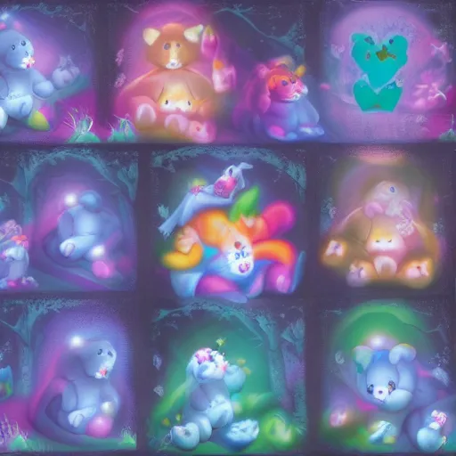 Image similar to demonic care bears in magical forest, dark atmosphere, high detail, soft lighting, 8 k