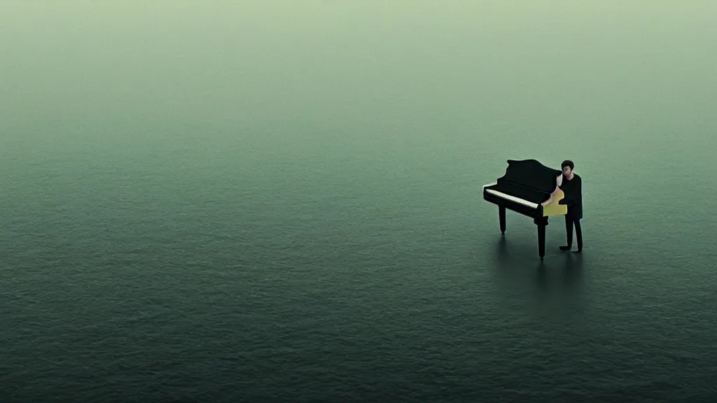 Image similar to the giant piano, made of water, film still from the movie directed by Denis Villeneuve with art direction by Zdzisław Beksiński, wide lens