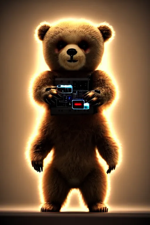 Image similar to high quality 3 d render very cute fluffy cyborg bear! plays electric guitar, cyberpunk highly detailed, unreal engine cinematic smooth, in the style of blade runner & detective pikachu, hannah yata charlie immer, moody light, low angle, uhd 8 k, sharp focus