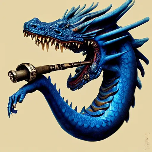 Image similar to A portrait of a blue dragon smoking a pipe, by HR Giger and Greg Rutkowski, highly detailed, portrait, sleek, 8k