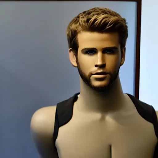 Image similar to “ a realistic detailed photo of a guy who is an attractive humanoid who is half robot and half humanoid, who is a male android, actor liam hemsworth, shiny skin, posing like a statue, blank stare, at the museum, on display ”