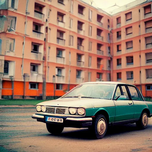 Prompt: low angle shot of russian car in soviet yard with block of flats, low grain film,polaroid, masterpiece, f 1.6, bokeh, mid day in style of william egglestone