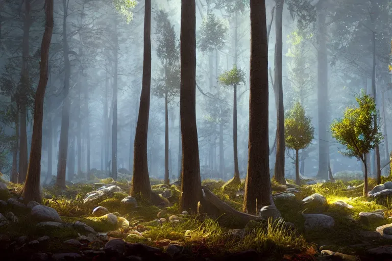 Image similar to A beautiful hyper realistic detailed matte painting of the inside deep forest with high trees, bushes of blueberry, dynamic lighting, cinematic lighting, lit by morning light, unreal engine, featured on artstation