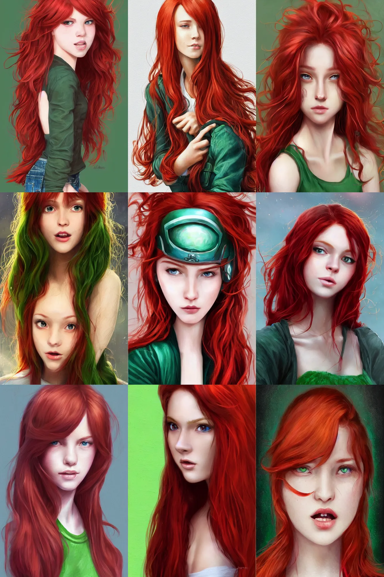 Prompt: beautiful cute red haired joyful and playful nineteen year old maiden standing up in casual green clothing, long hair, attractive face, modern city, rpg character, sci - fi, fantasy, intricate, elegant, digital painting, artstation, concept art, smooth, 8 k frostbite 3 engine, ultra detailed, art by artgerm, magali villeneuve