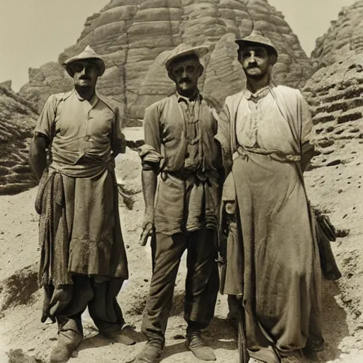 Image similar to ultra detailed photorealistic sepia - toned photo from 1 9 1 7, clean - shaven british soldiers standing with bedouin traders in traditional arab garb, at an archaeological dig site in wadi rum, ultra realistic, painted, intricate details, lovecraft, atmospheric, dark, horror, brooding, highly detailed, by clyde caldwell