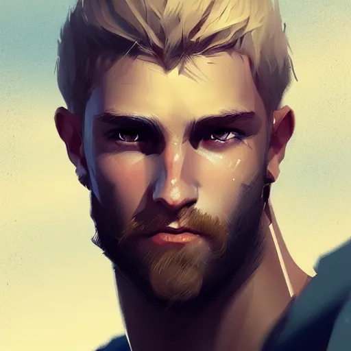 Image similar to a rugged young knight with blonde hair and blue eyes and a short beard and a scar under his left eye by Greg_Rutkowski, realistic, detailed, masterpiece, ArtStation