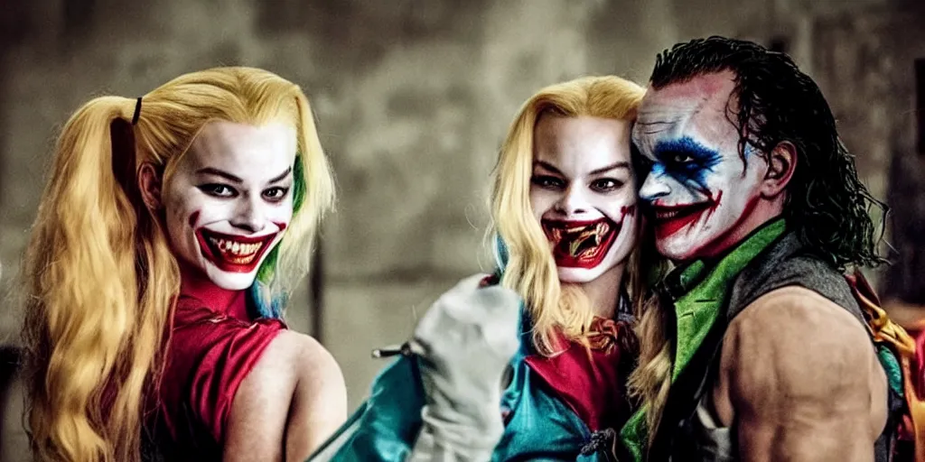 Image similar to heath ledger as the joker and margot robbie as harley quinn, posing shot, cinematic, ultra realistic, low lighting