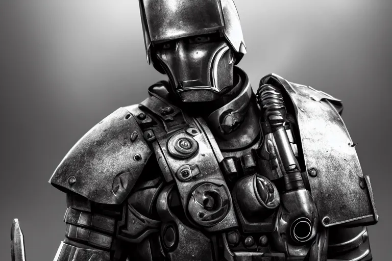 Prompt: still photo of a iron tech age war man looking at the camera in a battlefield, black and white color aesthetic, highly detailed, photorealistic portrait, bright studio setting, studio lighting, crisp quality and light reflections, unreal engine 5 quality render