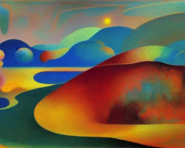 Prompt: An insane, modernist landscape painting. Wild energy patterns rippling in all directions. Curves, organic, zig-zags. Mountains, clouds. Rushing water. Waves. Psychedelic dream world. Odilon Redon. Agnes Pelton. Peter Max.