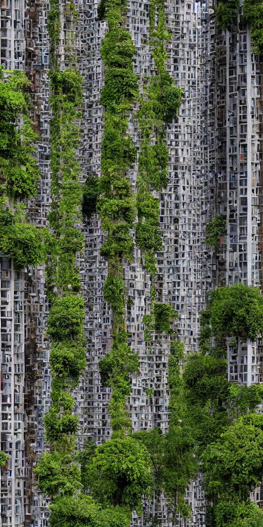 Prompt: elevational photo by Andreas Gursky of tall and slender rusty housing towers emerging out of the ground. The towers are covered with trees and ferns growing horizontally from floors and balconies. The towers are clustered very close together and stand straight and tall. The housing towers have 50 floors with deep balconies and hanging plants. Thin bridges span between towers. Cinematic composition, volumetric lighting, architectural photography,