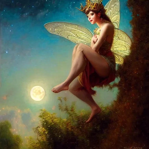 Image similar to attractive fairy queen fly high in the night, fantasy, full moon in background. hyper detailed painting by gaston bussiere, craig mullins, j. c. leyendecker, mid shot, 8 k, cryengone, cinematic lighting, beautiful,