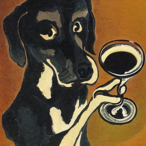 Prompt: a small black dog drinking beer by charles e. burchfield