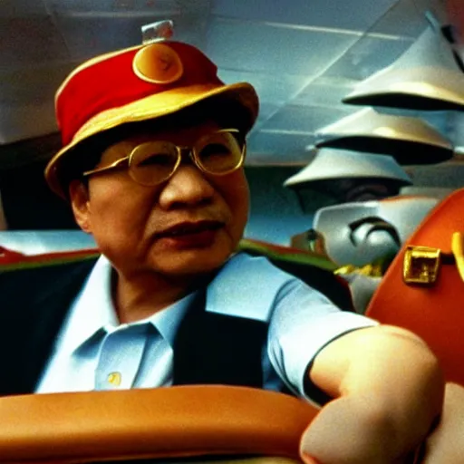 Image similar to xi jinping as raoul duke in fear and loathing in los vegas, cinematic still, hdr ( 1 9 9 8 )