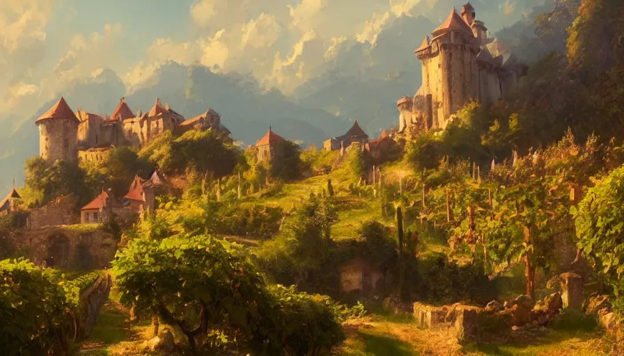 Prompt: a beautiful establishing shot of toussaint castle and vineyards, warm colors by greg rutkowski and kalin popov, trending on artstation, masterpiece,