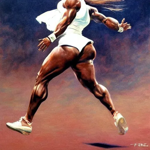 Image similar to ultra realistic portrait painting of serena williams leaping hurdles at the track, art by frank frazetta, 4 k, ultra realistic, highly detailed, epic lighting.