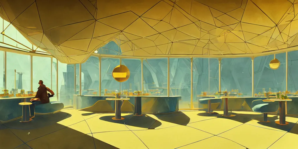 Image similar to a beautiful illustration of futuristic cafe interior, big medium small, sacred geometry, golden ratio, in watercolor gouache detailed paintings, in style of syd mead, trending on artstation, 8 k, panel, hard surface, vent, zaha hadid, props, plant, cozy, decoration around the room, simon stalenhag, deus ex