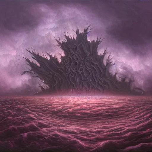 Prompt: a weeping demon crouching in the middle of a shallow sea, purple sky and black clouds, by Dan Seagrave and by Dan Witz, hd, 8k resolution, high detail