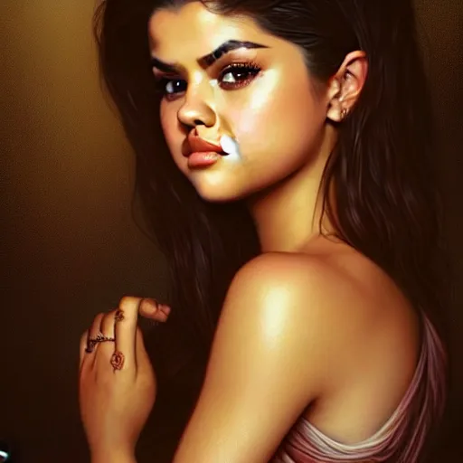 Prompt: beautiful portrait of selena gomez, natural beauty expressive pose, fantasy, intricate, elegant, highly detailed, digital painting, artstation, concept art, smooth, sharp focus, illustration, art by artgerm and greg rutkowski and alphonse mucha, cinematic soft lighting, fashion glamour photography