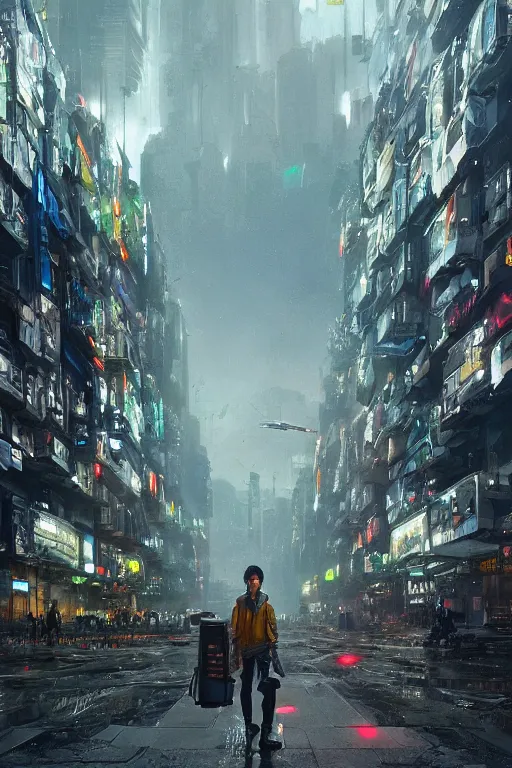 Image similar to a portrait of a small cyborg standing in the middle foreground walking in the street of a great green mechanical city by Greg Rutkowski, Sung Choi, Mitchell Mohrhauser, Maciej Kuciara, Johnson Ting, Maxim Verehin, Peter Konig, final fantasy , mythical, 8k photorealistic, cinematic lighting, HD, high details, atmospheric,