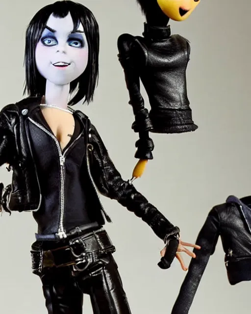 Prompt: singer joan jett wearing form fitting leather pants as a highly detailed stop motion puppet, in the style of laika studios ’ s paranorman, coraline, kubo and the two strings shot in the style