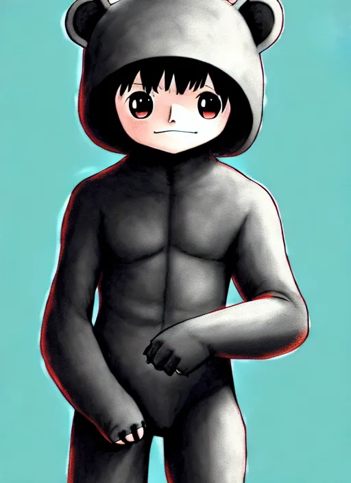 Image similar to beautiful little boy wearing an cyborg bear suit, artwork in kentaro miura and made in abyss and rosdraws, smooth, beautiful lightness, anatomically correct, trending on pixiv, forest