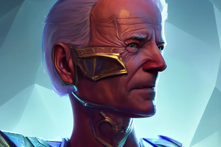 Image similar to portrait of crystal king joe biden, illuminated armor, detailed fantasy face, rule of thirds, league of legends splash art, path traced, enigmatic lighting, crimson gradient, shinji aramaki, karol bak, alphonse mucha, colin searle, artstation, ray tracing, octane unreal engine 5, digital painting