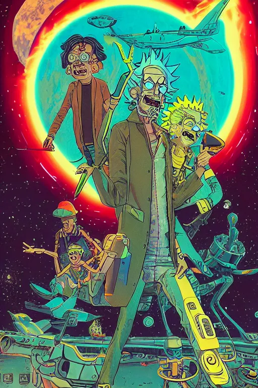 Image similar to Christopher Lloyd as Rick Sanchez, Rick and Morty save the multiverse, science fiction, retro cover, high details, intricate details, by vincent di fate, artgerm julie bell beeple, 60s, inking, vintage 60s print, screen print