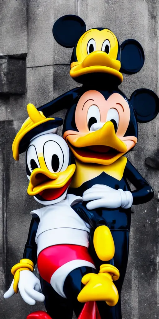 Prompt: close shot of donald duck and mickey mouse wearing latex outfits in front of berghain, berlin style, photography by sven marquardt, highly detailed, photorealistic, 4 k