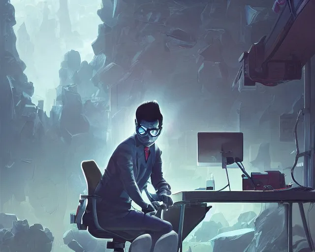 Image similar to an insanely detailed painting of a nerdy asian man wearing a superhero costume, sitting at a desk, staring at the nervously at the computer and typing, in the style of peter mohrbacher, dramatic lighting and composition, octane render, pixar, trending on artstation, concept art, comic book, view from behind