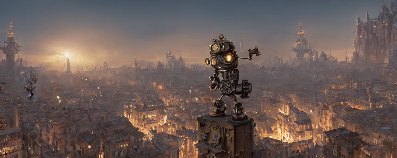 Image similar to a small cute steampunk robot standing on top of a building ledge overlooking a large renaissance steampunk city at sunset, backlit, by Eddie Mendoza , raphael lacoste, Andree Wallin, cinematic lighting, 8k, very detailed, ornate, beautiful composition,