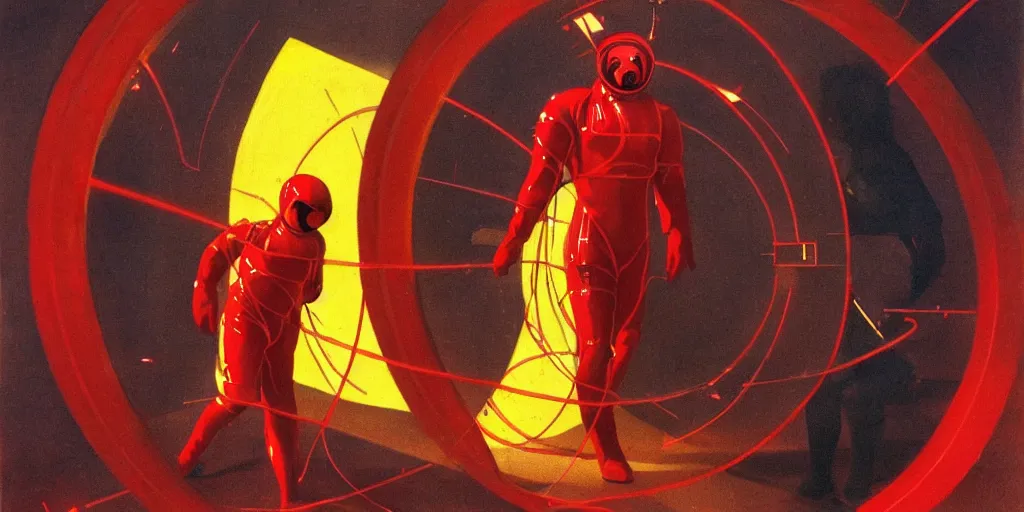Prompt: two scientists wearing futuristic red hazmat suits entering geometric neon crystal portal by frank frazetta