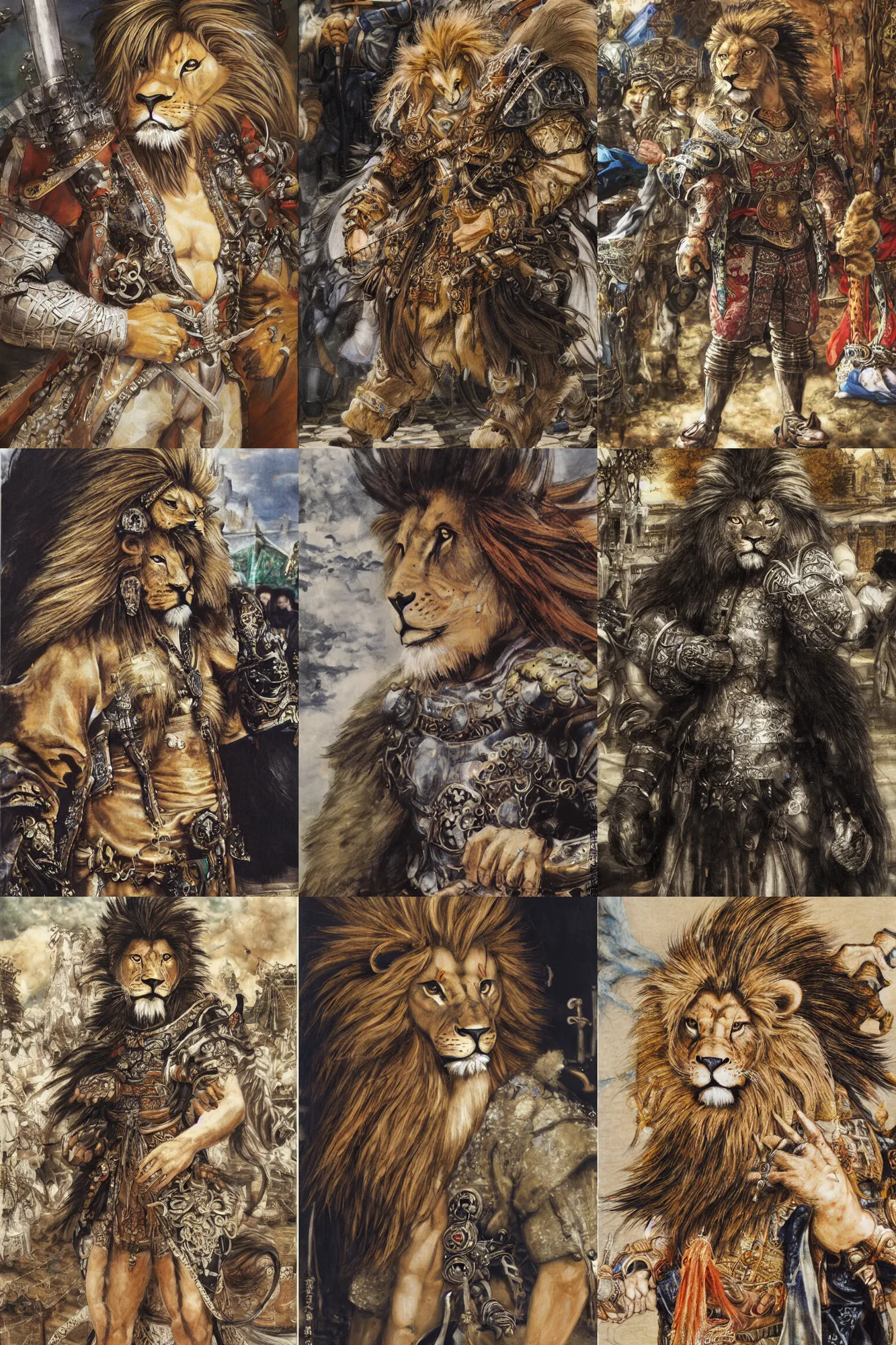 Image similar to 8 k yoshitaka amano painting of upper body of a young cool looking lion beastman with white mane at a medieval market at windy day. depth of field. he is wearing complex fantasy clothing. he has huge paws. renaissance style lighting.