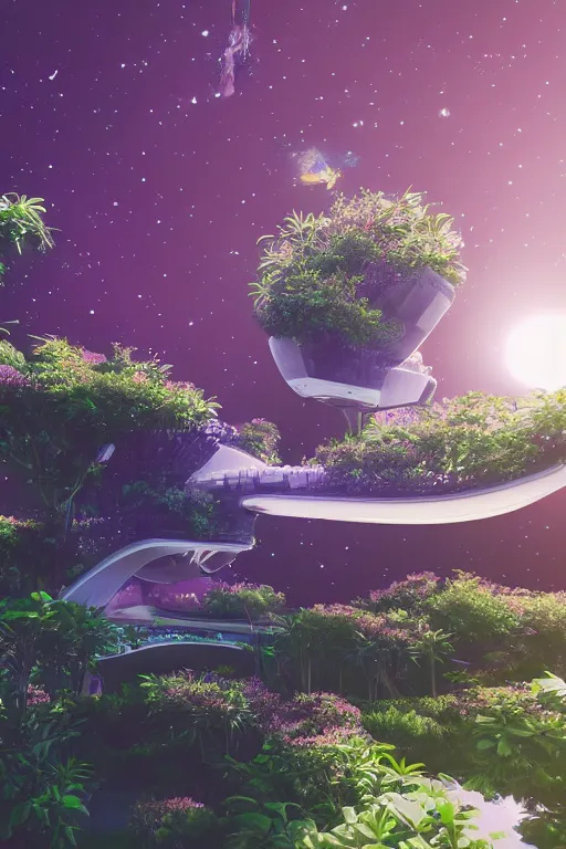 Image similar to multi level botanical garden spaceship floating in space, calm, tranquil, faded effect, detailed, vaporwave colors, render by substance designer