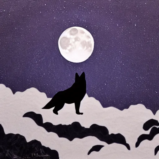 Prompt: Silhouette of a howling wolf upon a cliff, the full moon shines brightly behind it