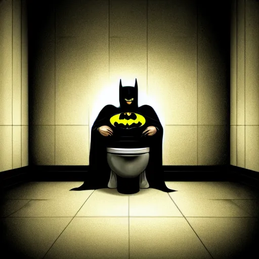 Prompt: low - angle shot from the ground of batman sitting on a toilet, dirty tiles in the wall, claustrophobic room, hyperrealistic comic digital art, dramatic lights, realistic, very very detailed, 4 k, dark colours