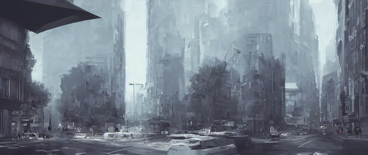 Prompt: modern city, Parisian buildings, billboards, advertisements, small buildings, dark, matte painting, concept art, digital painting, style of Ian Hubert, warm lighting, futuristic, volumetric lighting, street view, daytime, godrays , high detail, no sky scrapers