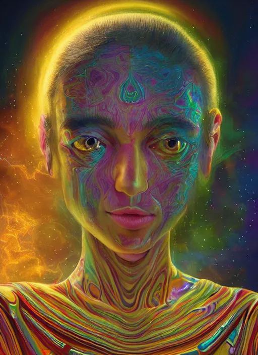 Prompt: portrait ultra dimensional cult girl shaman, accidentally tripping on dmt and acid, psychedelic experience, ascending through the fifth dimension moving at the speed of light and sitting still, ultra high definition, unreal engine 5, hyperrealism, masterpiece composition, by peter kemp, casey weldon, barclay shaw