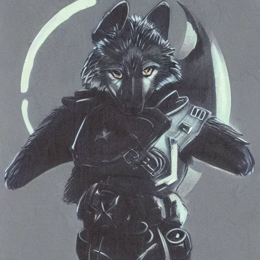 Image similar to 1 9 8 0 s video game art portrait of anthropomorphic wolf o'donnell from starfox fursona furry dark grey wolf in a dark space mercenary uniform, looking heroic, magazine scan, 8 0 s game box art, dark grey wolf o'donnell