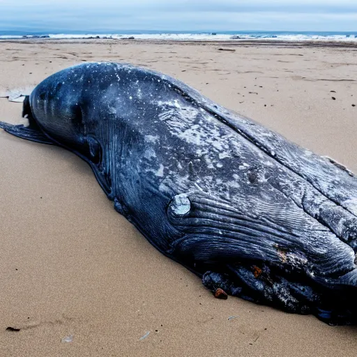 Prompt: a grey dead whale mobydick washed up on a beach
