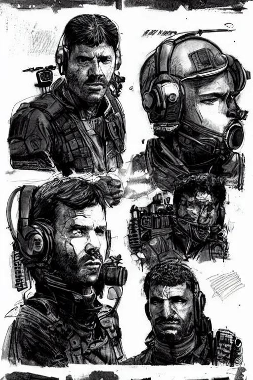 Prompt: Javier. smug blackops mercenary in tactical gear and cyberpunk headset. Blade Runner 2049. concept art by James Gurney and Mœbius.