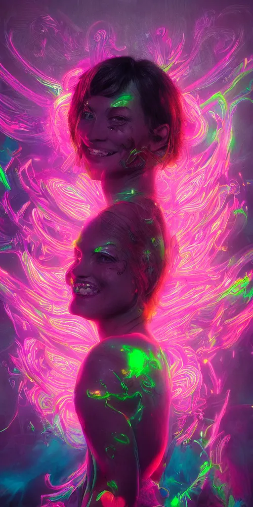 Image similar to impossibly beautiful portrait, dapper dream demon, wings, bad trip, insane smile, intricate complexity, surreal horror, inverted neon rainbow drip paint, trending on art station, photoreal, 8 k, octane render by greg rutkowski